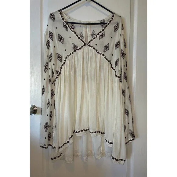 Free People Diamond Embroidered Peasant Long Sleeve Tunic Dress Top Size Medium - Picture 2 of 12